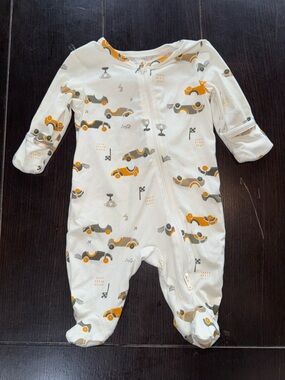 George Cream Footie One-Piece with Orange and Gray Car Print